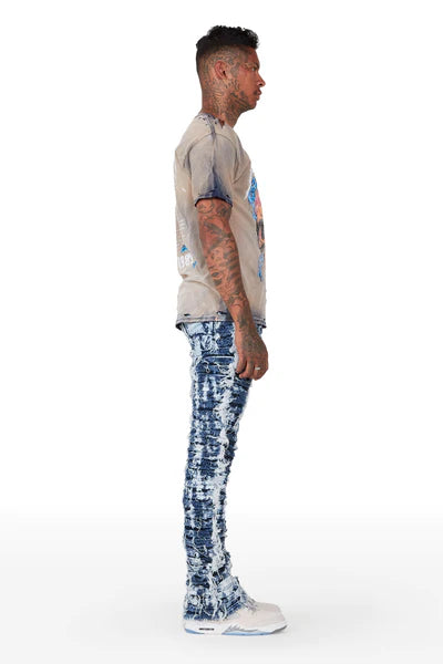 PREMIUM FLARE DISTRESSED DENIM - LIGHT BLUE/WHITE